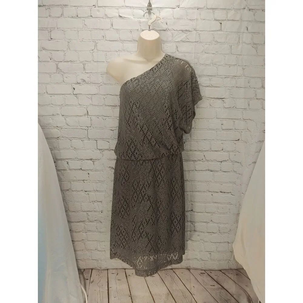 London Times Women's Size 14 Grey One Shoulder Lace Dress.